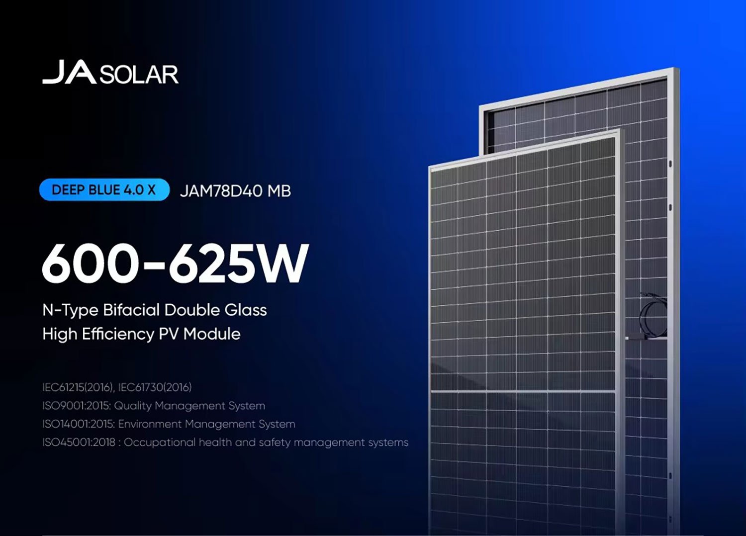 JA Solar N-Type 600-625W Bifacial Dual Glass High Efficiency PV Module